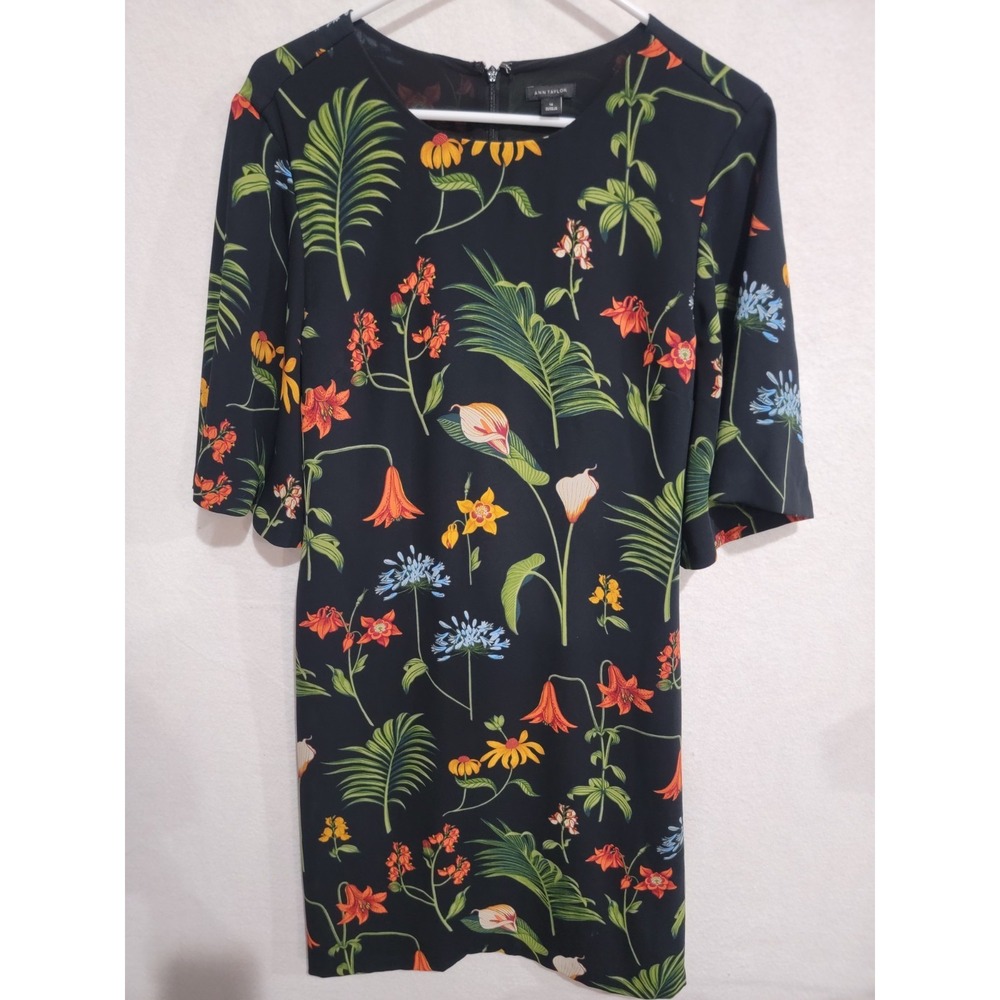 Ann Taylor Botanical Floral Print Back Tie Flutter Sleeve Black Midi Dress 14